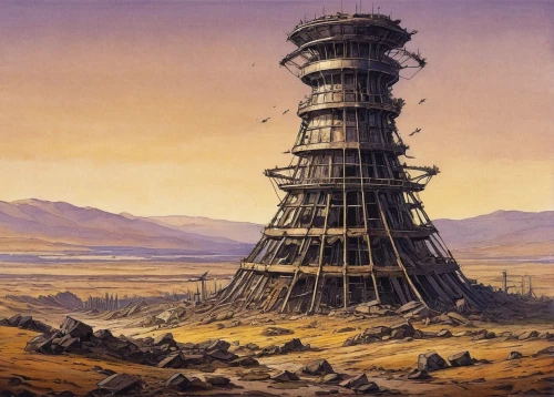 tower of babel,post-apocalyptic landscape,steel tower,cellular tower,burning man,futuristic landscape,electric tower,torre,watchtower,ancient civilization,the ruins of the,panopticon,neo-stone age,ancient city,animal tower,power towers,stone tower,futuristic architecture,stone towers,monument protection,Illustration,Retro,Retro 22