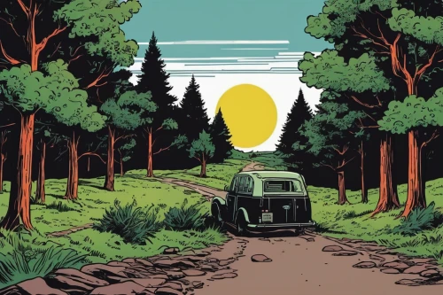 travel trailer poster,forest road,camping car,travel poster,camper van isolated,the road,campsite,vwbus,the forests,mountain road,dirt road,campground,road forgotten,vanagon,open road,game illustration,the forest,forests,fork road,country road,Illustration,Vector,Vector 11