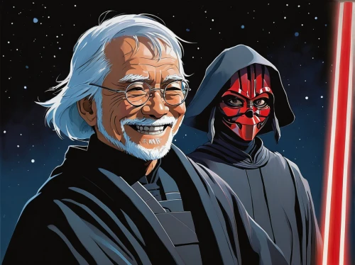 george lucas,cg artwork,maul,the emperor's mustache,darth vader,rots,sw,vader,jedi,darth maul,starwars,senate,darth wader,star wars,father and son,dark side,force,dad and son,father-son,business icons,Illustration,Japanese style,Japanese Style 14