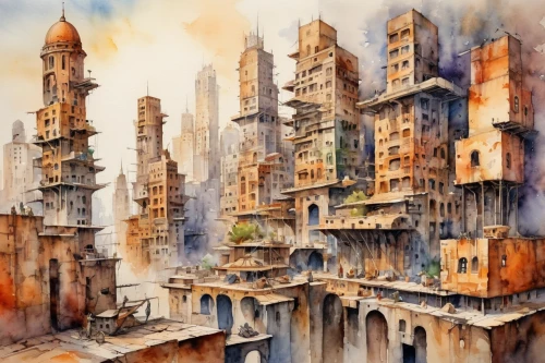destroyed city,ancient city,watercolor paris,urbanization,metropolis,human settlement,cityscape,ancient buildings,watercolor,city cities,townscape,urban towers,city scape,city blocks,post-apocalyptic landscape,city buildings,fantasy city,karnak,ruins,the ruins of the,Illustration,Paper based,Paper Based 24