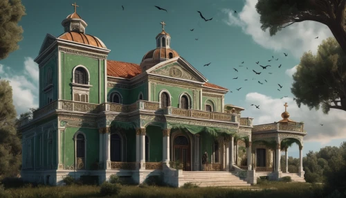 ancient house,mortuary temple,witch's house,church painting,villa,victorian house,house painting,victorian,villa borghese,the haunted house,mansion,homestead,old home,abandoned house,monastery,house in the forest,abandoned place,haunted house,lonely house,byzantine architecture,Illustration,Realistic Fantasy,Realistic Fantasy 43