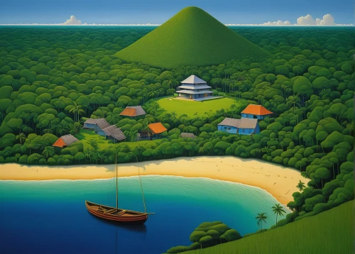 kei islands,an island far away landscape,japan landscape,studio ghibli,coastal landscape,seaside resort,southern island,fishing village,resort town,guanabá real,boat landscape,islands,brazilian beach,polynesia,shimane peninsula,java island,flying island,island,lake tanuki,monkey island,Art,Artistic Painting,Artistic Painting 30