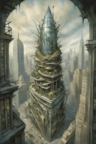 tower of babel,ancient city,sci fiction illustration,panopticon,fantasy city,skycraper,post-apocalyptic landscape,fairy chimney,myst,shard of glass,dystopian,steel tower,the skyscraper,heroic fantasy,destroyed city,fantasy art,futuristic architecture,the ruins of the,tree house,skyscraper town,Illustration,Realistic Fantasy,Realistic Fantasy 14