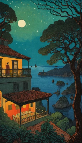 studio ghibli,night scene,house by the water,monkey island,cottage,treehouse,summer cottage,house with lake,tree house,holiday home,home landscape,beach house,cool woodblock images,moonlit night,fisherman's house,guesthouse,mid-autumn festival,tree house hotel,han thom,monterey,Illustration,Retro,Retro 11