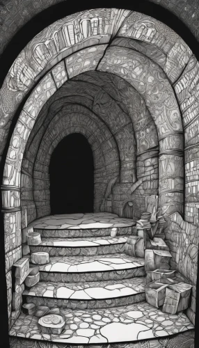 vaulted cellar,stone oven,cellar,charcoal kiln,wine cellar,catacombs,crypt,dungeon,empty tomb,dungeons,burial chamber,basement,vault,air-raid shelter,chamber,brick-kiln,masonry oven,stone stairs,stone stairway,cannon oven,Illustration,Black and White,Black and White 11
