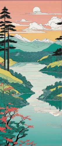 lake tanuki,japan landscape,arashiyama,kyoto,tsukemono,japan,japanese background,kumano kodo,torii,honzen-ryōri,pine trees,japanese art,fukushima,cool woodblock images,japanese mountains,芦ﾉ湖,japanese sakura background,wakayama,river landscape,sakura trees,Illustration,Japanese style,Japanese Style 04