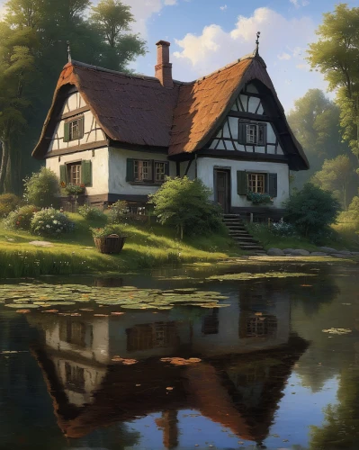 house with lake,house in the forest,summer cottage,house by the water,home landscape,cottage,fisherman's house,country cottage,wooden house,house in mountains,half-timbered house,traditional house,boathouse,country house,house painting,house in the mountains,ancient house,little house,lonely house,farmhouse,Art,Classical Oil Painting,Classical Oil Painting 10
