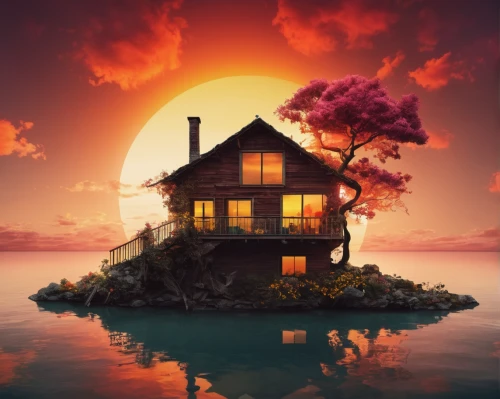 house by the water,house silhouette,house with lake,lonely house,summer cottage,tropical house,fisherman's house,houseboat,floating island,house of the sea,tree house,ancient house,floating huts,fantasy picture,little house,island suspended,wooden house,home landscape,cottage,beachhouse,Photography,Artistic Photography,Artistic Photography 05