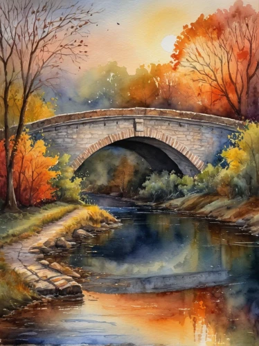 autumn landscape,watercolor painting,watercolor,fall landscape,watercolor background,arch bridge,tied-arch bridge,stone bridge,gapstow bridge,watercolour,watercolor paint,autumn idyll,watercolour frame,scenic bridge,water color,hangman's bridge,bridge arch,stone arch,autumn scenery,watercolors,Illustration,Paper based,Paper Based 24