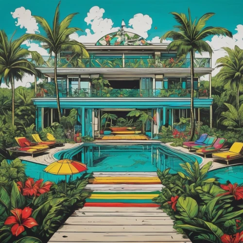 tropical house,beach house,pool house,beachhouse,cabana,miami,tropics,bungalow,resort,florida home,real-estate,oasis,holiday villa,holiday complex,mid century modern,villa,mid century house,aqua studio,idyllic,paradiso,Conceptual Art,Graffiti Art,Graffiti Art 01