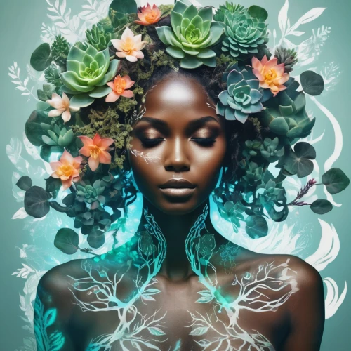 flora,dryad,girl in a wreath,mother nature,mystical portrait of a girl,mother earth,to flourish,blooming wreath,elven flower,girl in flowers,african daisies,fantasy portrait,natura,wreath of flowers,medusa,floral composition,fractals art,african woman,cosmic flower,plant and roots,Photography,Artistic Photography,Artistic Photography 07