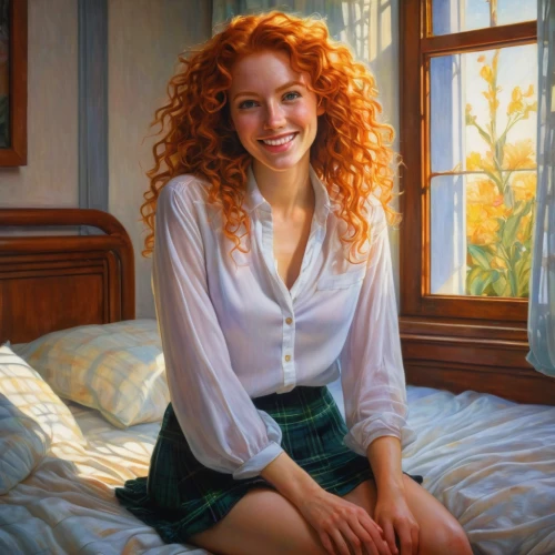 romantic portrait,woman on bed,young woman,portrait of a girl,redheads,oil painting,red-haired,woman portrait,relaxed young girl,girl portrait,susanne pleshette,girl in bed,merida,a girl's smile,woman sitting,portrait of a woman,a charming woman,portrait of christi,oil on canvas,young girl,Illustration,Realistic Fantasy,Realistic Fantasy 03