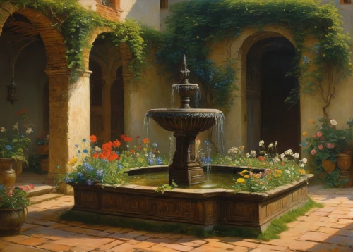 water fountain,drinking fountain,old fountain,stone fountain,village fountain,water trough,fountain,decorative fountains,wishing well,watering,spa water fountain,moor fountain,august fountain,fountain of the moor,floor fountain,maximilian fountain,bird bath,courtyard,crescent spring,alhambra,Art,Classical Oil Painting,Classical Oil Painting 16
