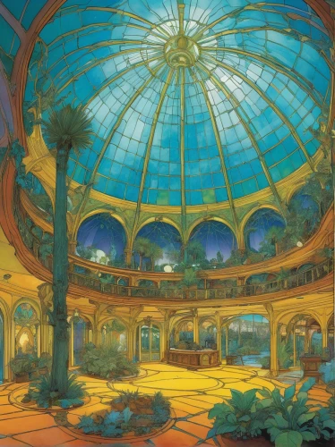 musical dome,ballroom,conservatory,aquariums,art nouveau,kaempferia rotunda,treasure hall,dome roof,dandelion hall,winter garden,carousel,planetarium,dome,aquarium,house of the sea,tokyo disneyland,roof domes,thermal bath,art nouveau design,flower dome,Illustration,Realistic Fantasy,Realistic Fantasy 04