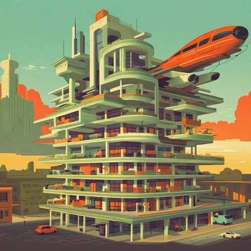 futuristic architecture,futuristic landscape,apartment block,space port,sci fiction illustration,skyscraper town,high rises,metropolis,skyscraper,highrise,spaceship space,futuristic art museum,multi-storey,space ship,atomic age,spaceship,apartment building,apartment blocks,tower of babel,multi storey car park,Illustration,Vector,Vector 05