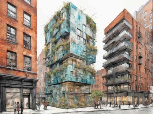 urban design,cube stilt houses,glass facades,glass blocks,mixed-use,urban landscape,urban development,facade painting,glass facade,shipping containers,cubic house,metal cladding,urban towers,urbanization,meatpacking district,highline,public art,hanging houses,kirrarchitecture,beautiful buildings,Illustration,Paper based,Paper Based 13