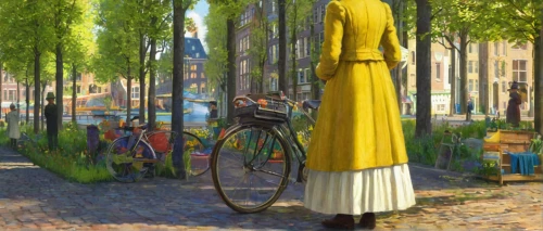 woman bicycle,girl in a long dress from the back,bicycle ride,bicycle clothing,girl in a long dress,yellow garden,bicycle path,bicycles,bicycle,girl with tree,promenade,bicycling,artistic cycling,bicycle lane,delft,girl walking away,yellow jumpsuit,cyclist,street scene,bicycle riding,Art,Classical Oil Painting,Classical Oil Painting 20