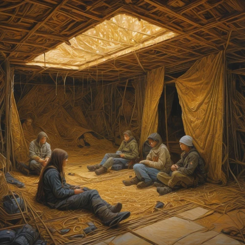 straw roofing,straw hut,iron age hut,yurts,thatching,nomadic people,cold room,weaving,children studying,tent camp,attic,basket weaver,forest workers,craftsmen,straw bale,basket weaving,thatch roof,neolithic,nomads,nest workshop,Illustration,Realistic Fantasy,Realistic Fantasy 03