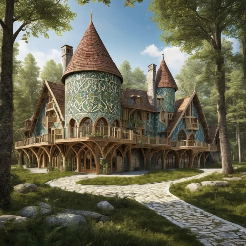 house in the forest,fairy tale castle,fairytale castle,witch's house,knight village,children's fairy tale,fairy tale,knight's castle,fairy house,dandelion hall,a fairy tale,wooden house,fantasy picture,the gingerbread house,house in the mountains,tree house,knight house,fantasy landscape,castle of the corvin,fairy tale character,Illustration,Realistic Fantasy,Realistic Fantasy 42