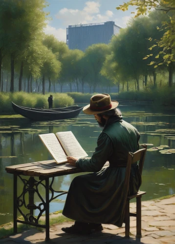 girl studying,girl on the river,woman playing,meticulous painting,painting technique,italian painter,orsay,lev lagorio,study,idyll,art painting,painter,painting,world digital painting,dongfang meiren,paris,scholar,man on a bench,spring morning,dutch landscape,Conceptual Art,Fantasy,Fantasy 13