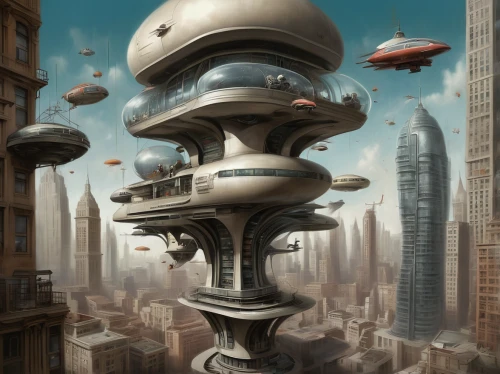 futuristic architecture,sci fiction illustration,futuristic landscape,airships,panopticon,sky city,sky space concept,scifi,airship,science-fiction,skycraper,flying saucer,science fiction,metropolis,skyscraper town,fantasy city,sky apartment,sci fi,sci-fi,sci - fi,Illustration,Realistic Fantasy,Realistic Fantasy 10