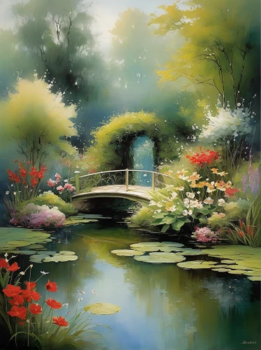 garden pond,lily pond,lotus pond,lilly pond,pond flower,koi pond,lotus on pond,wishing well,flower painting,giverny,home landscape,fountain pond,river landscape,crescent spring,water lilies,chinese art,flower water,japan garden,pond,waterlily,Illustration,Realistic Fantasy,Realistic Fantasy 16