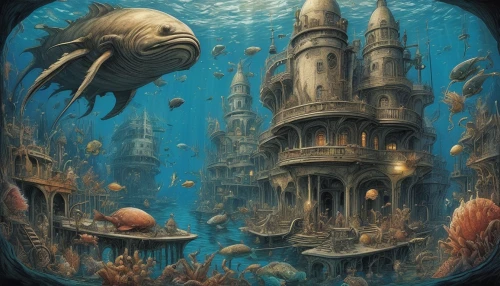 underwater landscape,underwater playground,undersea,deep sea nautilus,the bottom of the sea,under sea,aquarium,underwater background,ocean underwater,deep sea,under the sea,underwater world,apiarium,sunken church,ocean floor,bottom of the sea,deep sea diving,underwater oasis,underwater fish,house of the sea,Illustration,Retro,Retro 06