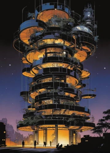 pagoda,japanese architecture,cellular tower,shirakami-sanchi,earth station,panopticon,space port,electric tower,tower of babel,futuristic architecture,steel tower,sci fiction illustration,stone pagoda,beacon,spaceship space,science fiction,sky tree,spacecraft,planetarium,asian architecture,Illustration,American Style,American Style 06