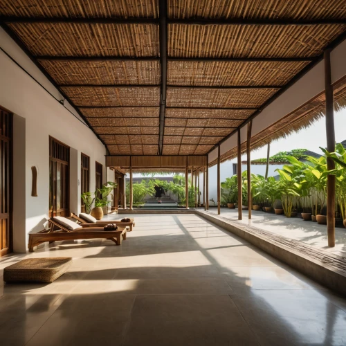 eco hotel,vipassana,veranda,daylighting,tropical house,inside courtyard,corten steel,pergola,wooden roof,bamboo curtain,cabana,teak bridge,folding roof,concrete ceiling,wooden beams,termales balneario santa rosa,patio,courtyard,archidaily,zen garden,Photography,General,Realistic