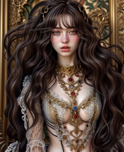 female doll,filigree,artist doll,gold filigree,doll figure,realdoll,fantasy art,doll paola reina,fantasy portrait,designer dolls,painter doll,embellished,oriental princess,celtic queen,porcelain dolls,decorative figure,ornate,the enchantress,dress doll,fashion doll