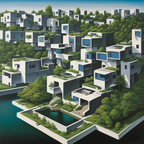 habitat 67,cube stilt houses,japanese architecture,hashima,apartment blocks,apartment-blocks,blocks of houses,isometric,kirrarchitecture,artificial islands,autostadt wolfsburg,urban development,apartment buildings,artificial island,residential,futuristic architecture,urban design,urbanization,real-estate,escher village,Art,Artistic Painting,Artistic Painting 02