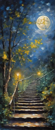 stairway,winding steps,oil painting on canvas,night scene,stairway to heaven,moonlit night,the mystical path,girl on the stairs,oil painting,pathway,stone stairway,jacob's ladder,staircase,art painting,stairs,blue moon,wooden path,the night of kupala,oil on canvas,fantasy picture,Conceptual Art,Oil color,Oil Color 10