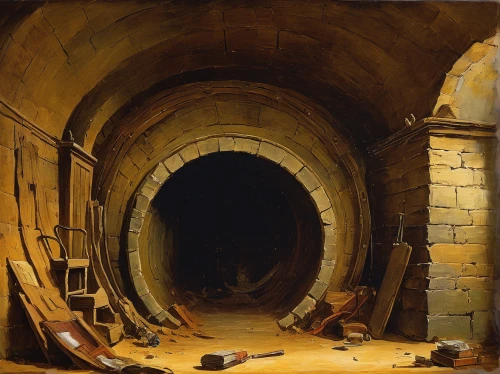 empty tomb,vaulted cellar,cellar,excavation,dungeon,brick-kiln,charcoal kiln,air-raid shelter,catacombs,tunnel,sanitary sewer,mine shaft,wall tunnel,portcullis,dungeons,underground cables,excavation site,canal tunnel,caravansary,railway tunnel,Art,Classical Oil Painting,Classical Oil Painting 08