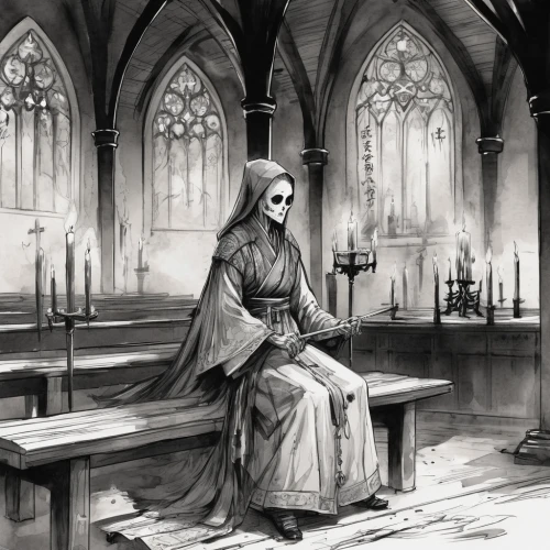 candlemaker,priest,haunted cathedral,gothic woman,gothic portrait,praying woman,eucharist,woman praying,priestess,benedictine,sepulchre,gothic,the magdalene,gothic church,the abbot of olib,gothic style,monks,scholar,girl praying,dark gothic mood,Illustration,Paper based,Paper Based 30