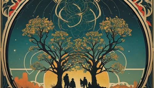 gold foil tree of life,tree of life,vintage couple silhouette,travel poster,halloween poster,celtic tree,art nouveau design,jrr tolkien,the trees,enchanted forest,forest of dreams,hobbit,magic tree,solstice,the branches,fairy tales,fairy tale,firefly,a fairy tale,wondertree,Illustration,Retro,Retro 03