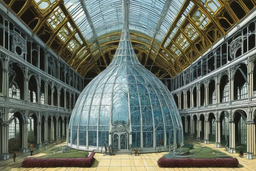 conservatory,orangery,dandelion hall,greenhouse,palm house,the palm house,mirror house,roof domes,leek greenhouse,glass roof,musical dome,wade rooms,royal interior,universal exhibition of paris,structural glass,greenhouse cover,louvre,dome,greenhouse effect,interiors,Illustration,Children,Children 03