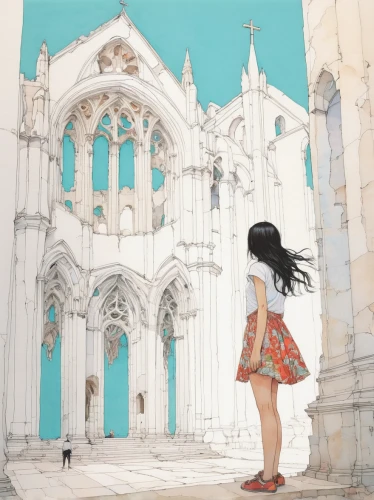 girl praying,cathedral,holy places,gothic church,notre-dame,notre dame,girl in a historic way,church painting,coloring,church faith,churches,gothic architecture,colouring,place of pilgrimage,pilgrimage,sanctuary,euphonium,world end,holy place,temples,Illustration,Paper based,Paper Based 19