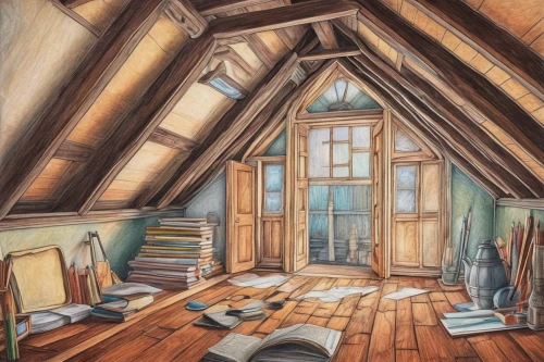 attic,wooden windows,the little girl's room,house painting,danish room,wood window,wooden floor,cabin,wooden beams,watercolor background,boy's room picture,abandoned room,wooden house,children's bedroom,wooden roof,one room,colored pencil background,cold room,log home,indoor,Conceptual Art,Daily,Daily 17