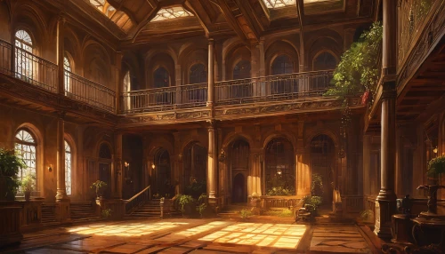 dandelion hall,ornate room,violet evergarden,morning light,conservatory,goldenlight,hall of the fallen,wooden floor,golden light,wooden beams,the evening light,sanctuary,ballroom,wooden windows,interiors,hours of light,sunlit,ancient house,greenhouse,courtyard,Conceptual Art,Fantasy,Fantasy 28