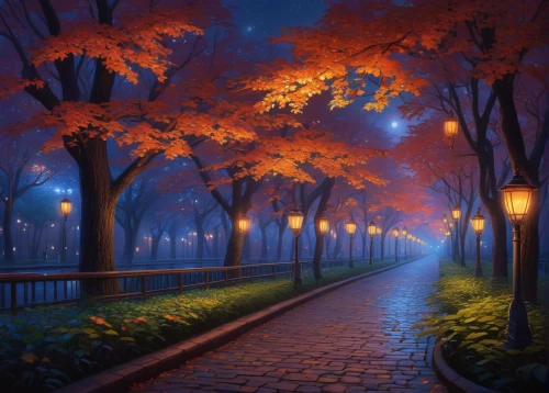 tree-lined avenue,autumn landscape,tree lined lane,autumn scenery,night scene,tree lined path,street lamps,autumn background,the autumn,autumn trees,street lights,fall landscape,autumn park,maple road,light of autumn,autumn forest,in the autumn,autumn walk,landscape lighting,evening atmosphere,Illustration,Realistic Fantasy,Realistic Fantasy 27