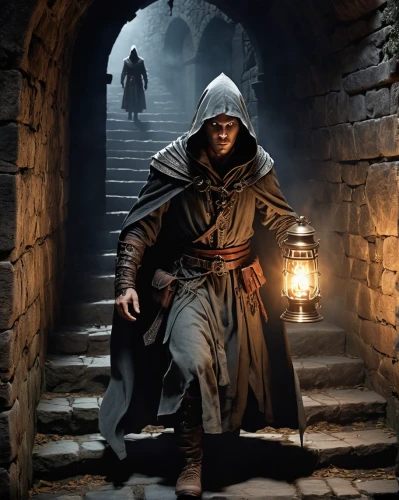 hooded man,assassin,game illustration,massively multiplayer online role-playing game,the wanderer,cloak,lamplighter,heroic fantasy,dodge warlock,assassins,hooded,pilgrim,games of light,action-adventure game,pall-bearer,grimm reaper,doctor doom,the pied piper of hamelin,man holding gun and light,cg artwork,Photography,General,Realistic