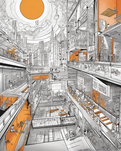 sci fiction illustration,sky space concept,post-apocalyptic landscape,capsule hotel,panopticon,spaceship space,grocer,multistoreyed,orrery,hamster shopping,ufo interior,panoramical,copyspace,spaces,concept art,grocery store,convenience store,fractal environment,large space,backgrounds,Illustration,American Style,American Style 13