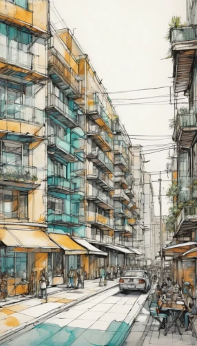 kowloon city,hanoi,kowloon,saigon,apgujeong,watercolor sketch,seoul,asian architecture,urbanization,chinese architecture,watercolor,urban landscape,bangkok,daegu,watercolor painting,taipei,vietnam vnd,japanese architecture,xiamen,south korea,Illustration,Realistic Fantasy,Realistic Fantasy 23