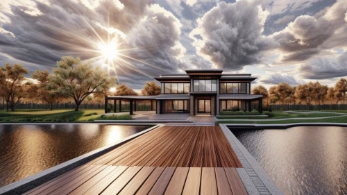 house by the water,house with lake,houseboat,wooden decking,3d rendering,boat dock,boat house,floating huts,landscape design sydney,stilt house,landscape designers sydney,decking,wood deck,dock on beeds lake,wooden house,boathouse,stilt houses,lake view,modern house,luxury home
