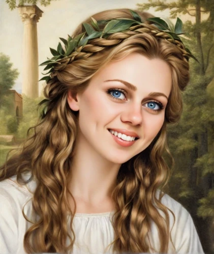 jessamine,emile vernon,flower crown of christ,miss circassian,angel moroni,portrait background,portrait of a girl,the prophet mary,girl in a wreath,laurel wreath,angelica,young girl,natural cosmetic,fantasy portrait,portrait of christi,mary 1,thracian,fae,romantic portrait,eufiliya