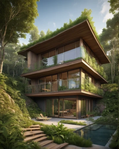 house in the forest,eco-construction,timber house,dunes house,modern house,3d rendering,wooden house,modern architecture,eco hotel,cubic house,house in the mountains,house in mountains,house by the water,luxury property,mid century house,tree house,beautiful home,tropical house,render,japanese architecture,Illustration,Realistic Fantasy,Realistic Fantasy 44