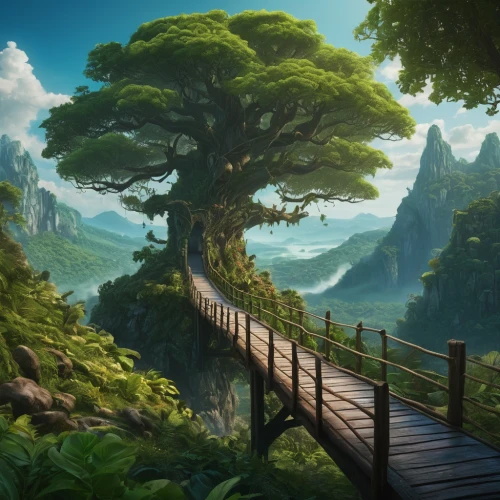 tree top path,fantasy landscape,forest path,hiking path,druid grove,pathway,forest landscape,the mystical path,landscape background,cartoon video game background,elven forest,tree tops,green forest,an island far away landscape,wooden path,tree canopy,the forests,green valley,tree of life,tree top,Photography,General,Fantasy