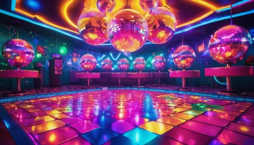 nightclub,disco,ufo interior,neon cocktails,colored lights,party lights,disco ball,neon drinks,prism ball,ballroom,neon candies,discobole,circus stage,party decoration,stage design,jukebox,dance pad,party decorations,cirque,colorful light,Illustration,Realistic Fantasy,Realistic Fantasy 38