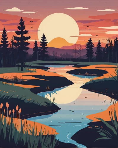 swampy landscape,wetlands,evening lake,salt meadow landscape,wetland,tidal marsh,marsh,river landscape,freshwater marsh,dusk background,landscape background,small landscape,alberta,dusk,creek,landscapes,nature landscape,pond,summer evening,flowing creek,Illustration,Vector,Vector 01