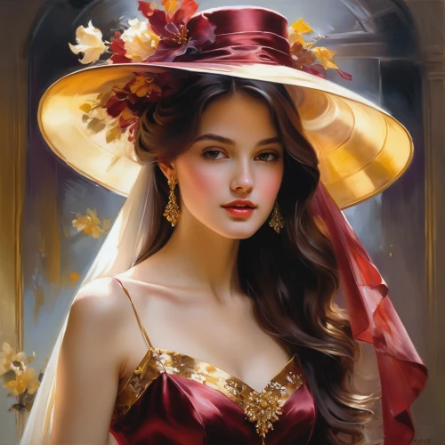 romantic portrait,beautiful bonnet,red hat,fantasy portrait,vietnamese woman,fantasy art,lady in red,the hat of the woman,art painting,victorian lady,red-yellow rose,chinese art,flower hat,comely,man in red dress,splendor of flowers,oriental princess,golden crown,oil painting,fairy tale character,Conceptual Art,Oil color,Oil Color 03